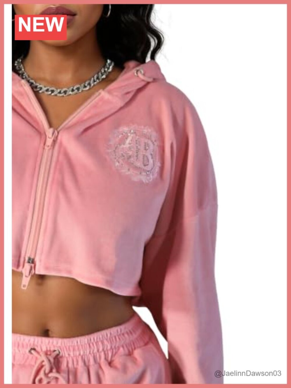 Velour Cropped Zip Up Hoodie Rhinestone Graphic Oversized